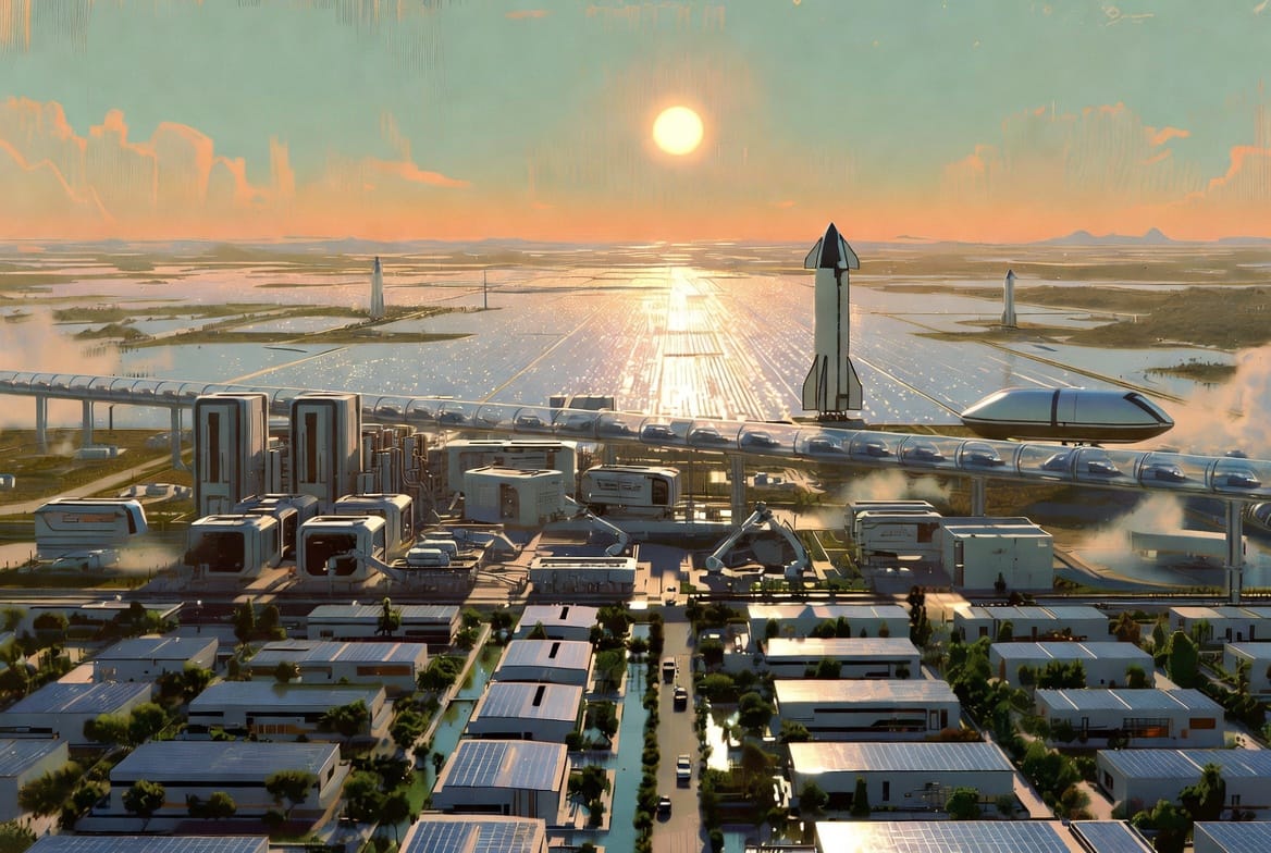 A near-future landscape shaped by renewable energy, automation and multiplanetary ambition, capturing the essence of Musk’s sustainable abundance vision.