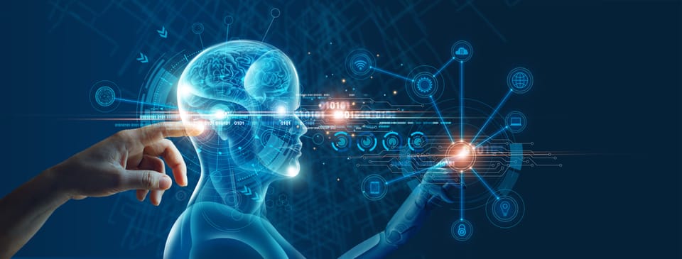 Blue cybernetic head and outstretched hand linking to a central data node on a dark interface.
