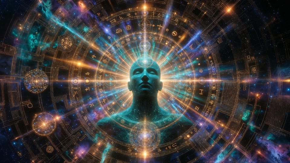 A visual meditation on radial time, where consciousness sits at the centre and meaning radiates outward in all directions.