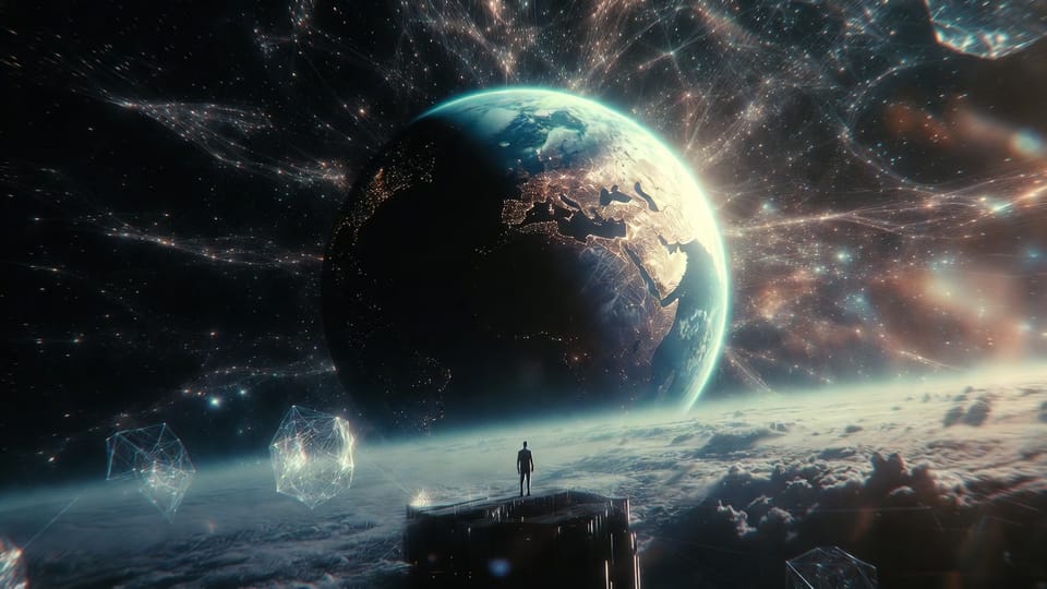 A threshold moment. Humanity pauses as Earth reveals itself not just as a planet, but as a thinking system in formation.